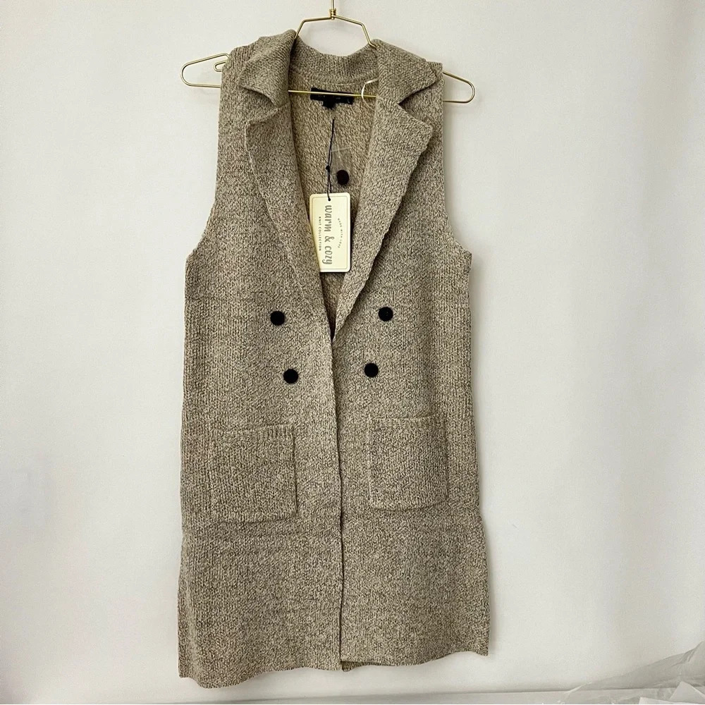 Long Sweater Vest Heather Oatmeal/Beige Open Front With Pockets Sleeveless Soft